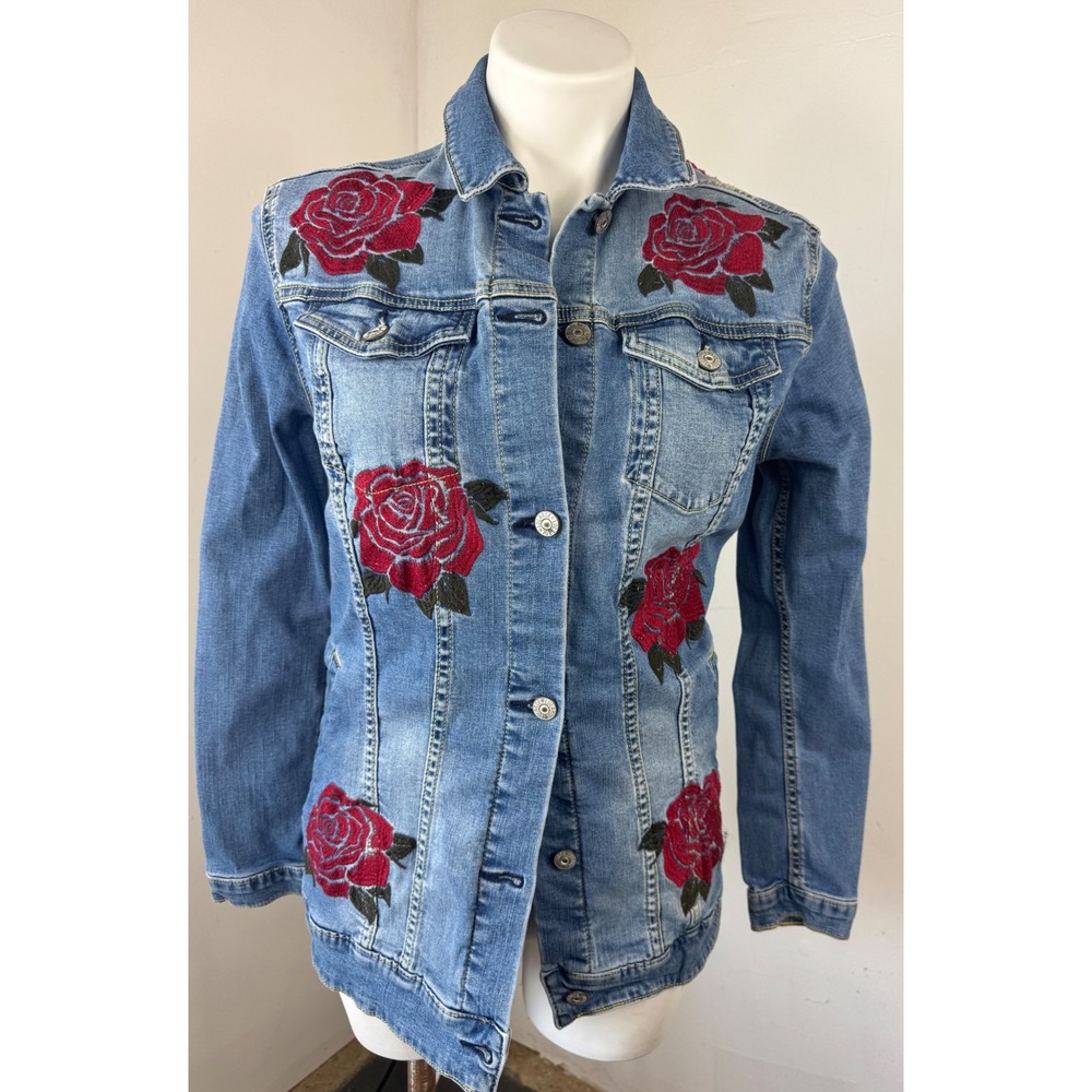 LuLaRoe Denim Jacket Womens M Blue Red Rose Floral Embroidered Stretch Jean Coat